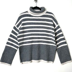 Oak + Fort Gray White Oversized Striped Turtleneck Side Slit Sweater